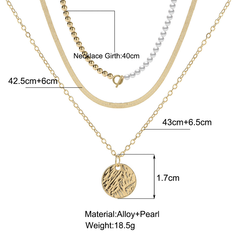 2021 Nuovo ciondolo alla moda con moneta multistrato e catena a serpente intrecciata, collana di perle, set da 3 pezzi per donna_voghion.com