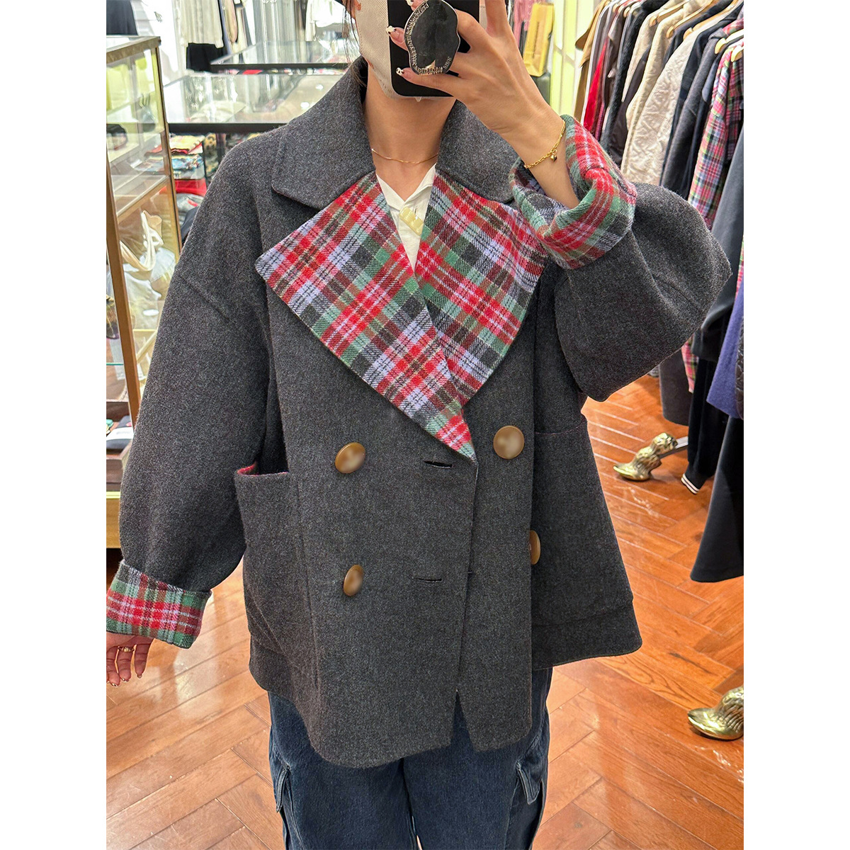 Japan's Queen Mother Reversible Plaid Outwear Wool Double-Sided Nylon Short Loose Silhouette Outwear Saturn Button