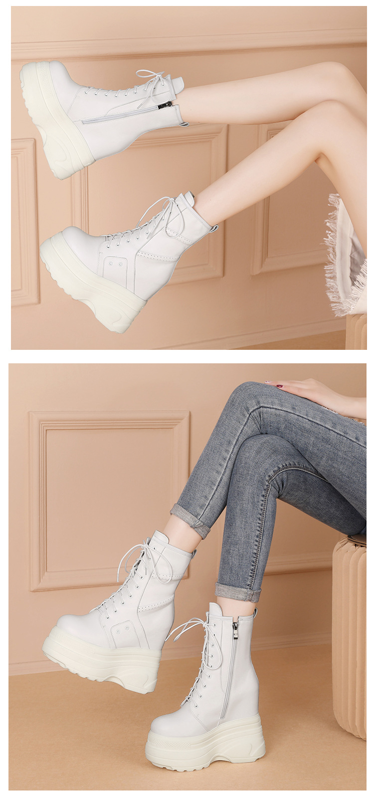 Boot nữ cổ thấp đế dày platform gót 14 cm phong cách Anh Quốc — Lót nhung đen chi tiết 4