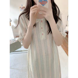 跨境专供外贸女士夏季新款可爱娃娃领宽松碎花纱布睡衣家居服睡裙
