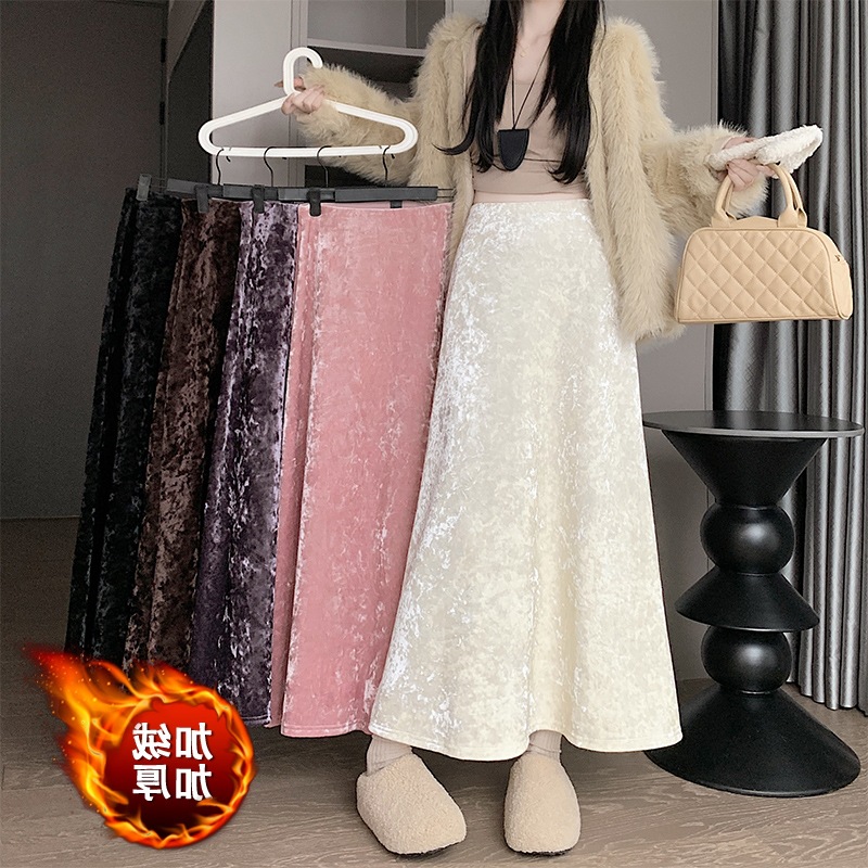 Korean Version 2025 New Internet Celebrity High-End Velvet Skin-Friendly Half-Body Hip-Hugging Fishtail Long Skirt with Elastic Waist Mid-Length Skirt Pink