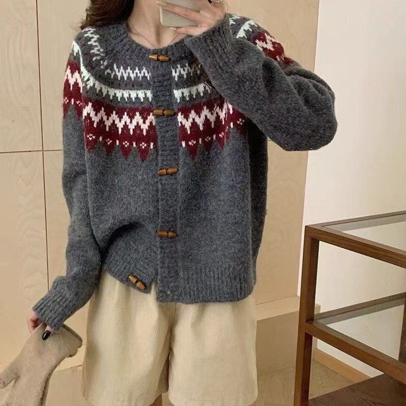 Fair Isle Christmas Autumn-Winter Vintage Color-Block Festive Atmosphere Toggle-Button Casual Style Sweater Cardigan Coat for Women