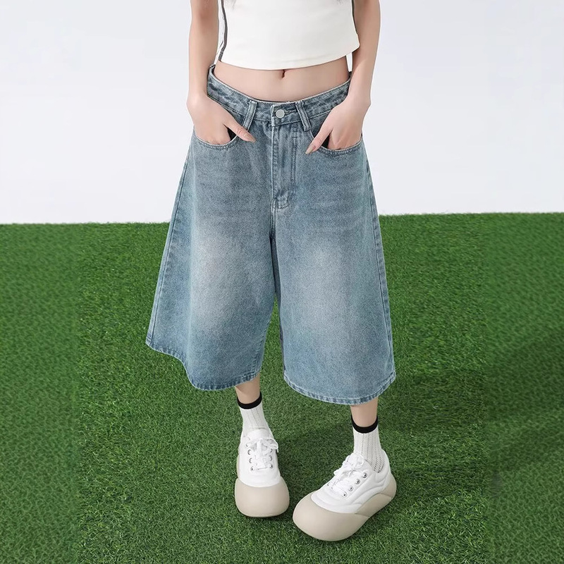 Summer Thin Retro Denim Cropped Pants for Women with High Waist and Large Size Pear-Shaped Body, Wide-Leg Jeans for Small People