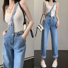 不规则斜肩单肩牛仔背带裤女夏季大码高腰显瘦减龄百搭连体牛仔裤