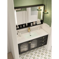 Light Luxury Ceramic One-Piece Oak Bathroom Cabinet, Vintage Black Bathroom Vanity with Washbasin and Sink Combo