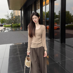AWMUMU开衫外套女秋季层次感慵懒风亚麻背心上衣女开衫针织两件套