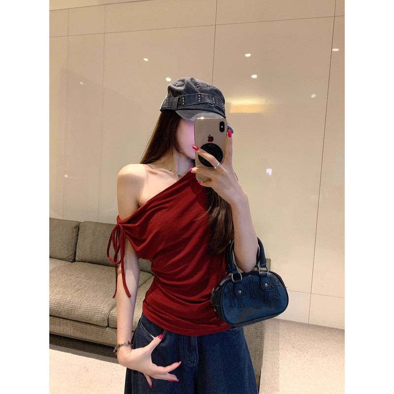 辣妹风斜肩小个子短袖T恤女夏季2025新款纯欲气质收腰系带上衣潮|undefined