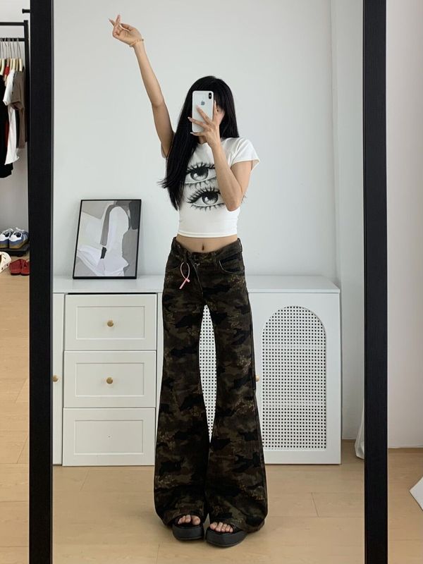 美式复古迷彩工装微喇牛仔裤女秋季低腰不贴腿马蹄喇叭裤拖地裤子|undefined