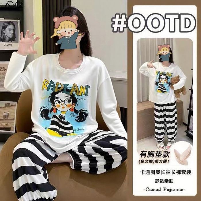 源头工厂带胸垫长袖睡衣女春秋云朵棉宽松卡通女士韩版家居服套装|undefined