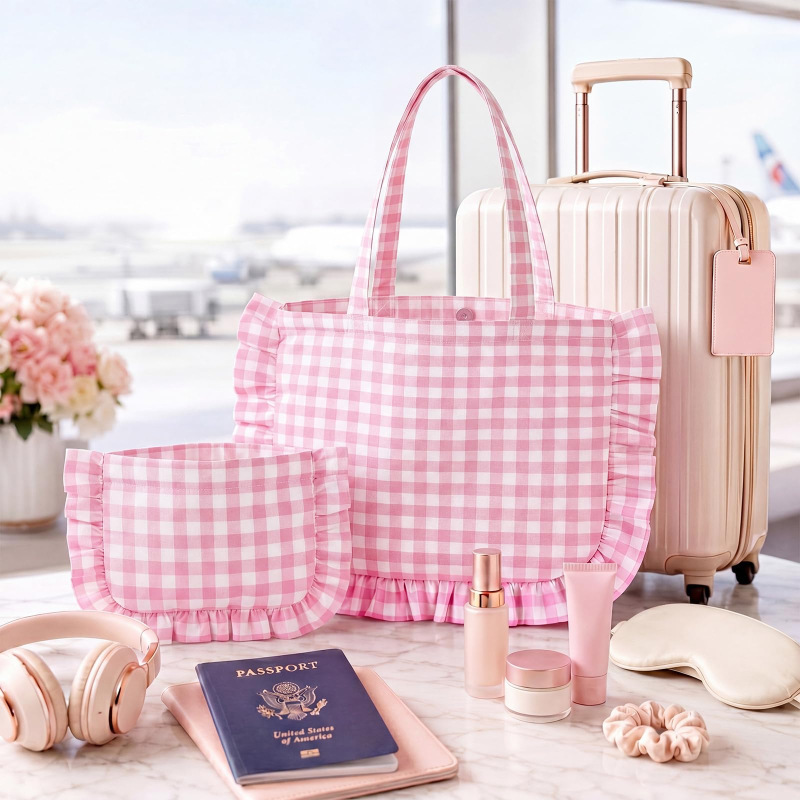 New Plaid Ruffled Handbag Makeup Bag Set Large Travel Cute Makeup Shoulder Bag Cross-Border Customization New Plaid Ruffled Handbag Makeup Bag Set Large Travel Cute Makeup Shoulder Bag Cross-Border Customization
