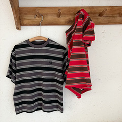 2025夏の新型子供服子供ストライプ半袖男の子刺繍アルファベット百合tシャツレトロゆるい半袖