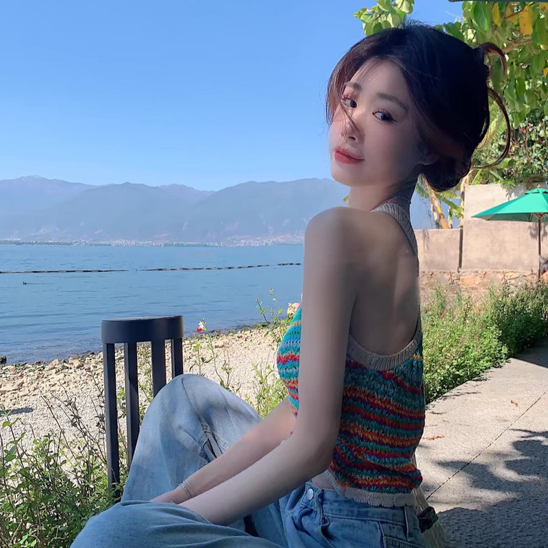 Thai Style Holiday Style Striped Knitted Camisole Women's Summer New Sweet and Hot Short Outer Wear Sleeveless Top Fashionable