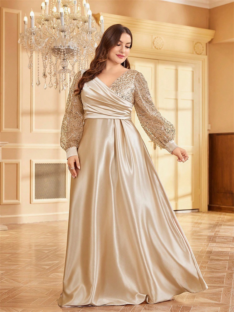 ChicShe Cross-Border Neues elegantes Plus-Size-Kleid aus Satin mit Pailletten, langen Ärmeln, V-Ausschnitt, schmal geschnitten, für Brautjungfern, Bankette und Abendveranstaltungen_voghion.com