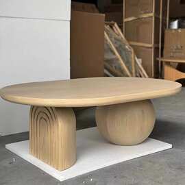 小户型客厅家用椭圆形原木色复古工作台实木餐桌中古风饭桌洽谈桌