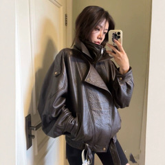 Row風復古機関車輸入子羊泡皮服コート女性二重襟羊脚袖郭形真皮ジャケット