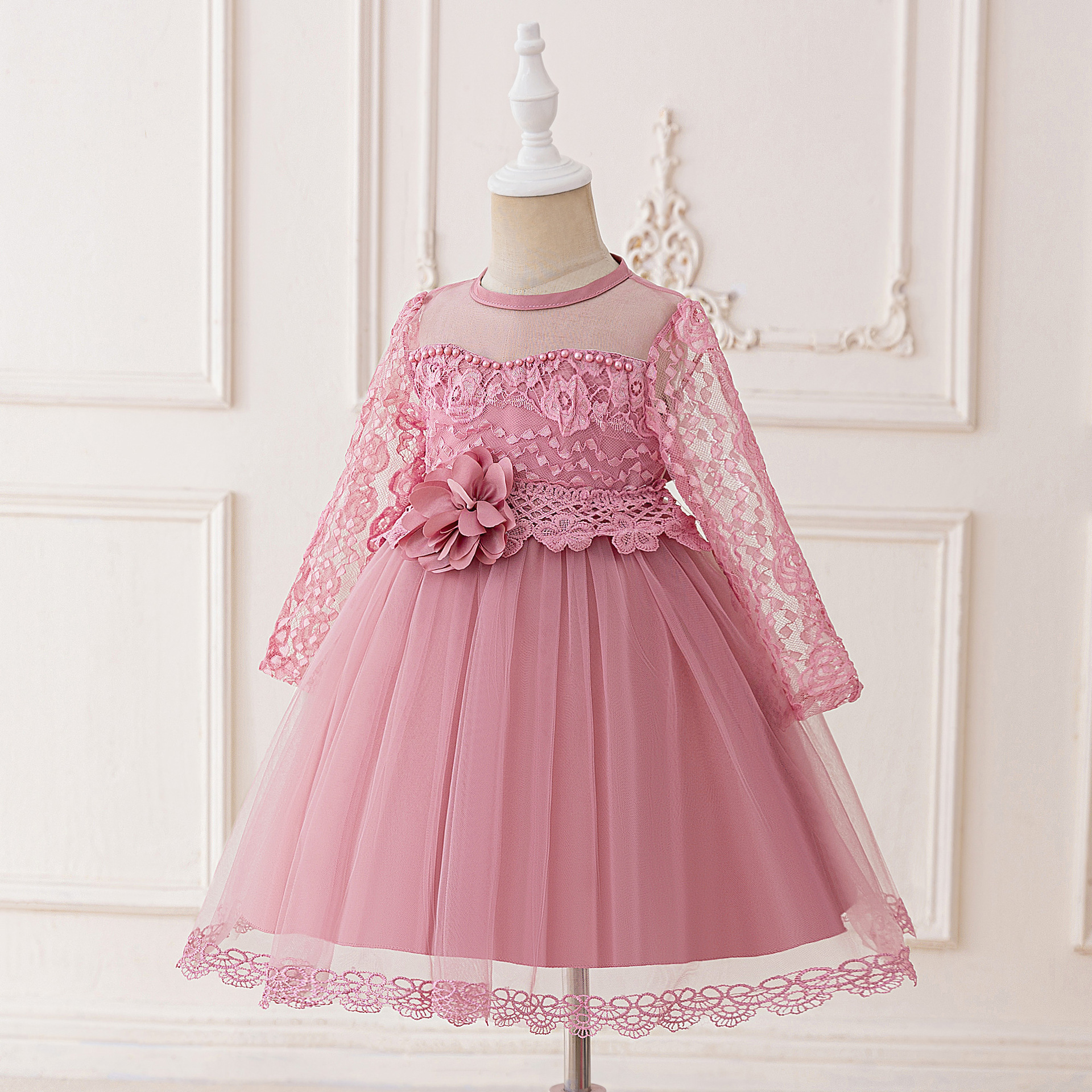Venta directa de fábrica Vestidos para niños Vestidos de princesa Manga larga Encaje Flor de cuentas Vestidos de fiesta para niñas Vestidos de fiesta