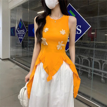 实拍2025夏季不规则裙摆立体花无袖背心女夏辣妹修身上衣女