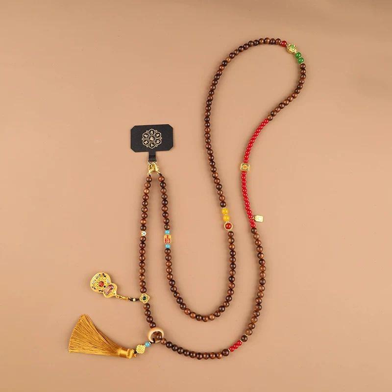 Jinfulu Sandalwood Mobile Phone Crossbody Chain, Chinese Style New Chinese Beaded Long Necklace, Versatile and Simple Mobile Phone Chain
