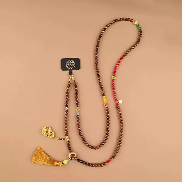 Jinfulu Sandalwood Mobile Phone Crossbody Chain, Chinese Style New Chinese Beaded Long Necklace, Versatile and Simple Mobile Phone Chain