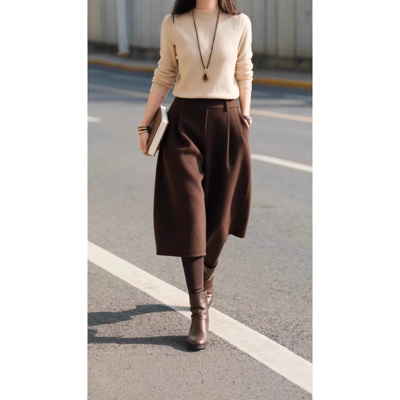 Brown Woolen Wide-Leg Cropped Pants for Women, 2026 Spring New Style, Petite Size, Thickened Boot Pants, High-Waisted Pants Brown Woolen Wide-Leg Cropped Pants for Women, 2026 Spring New Style, Petite Size, Thickened Boot Pants, High-Waisted Pants