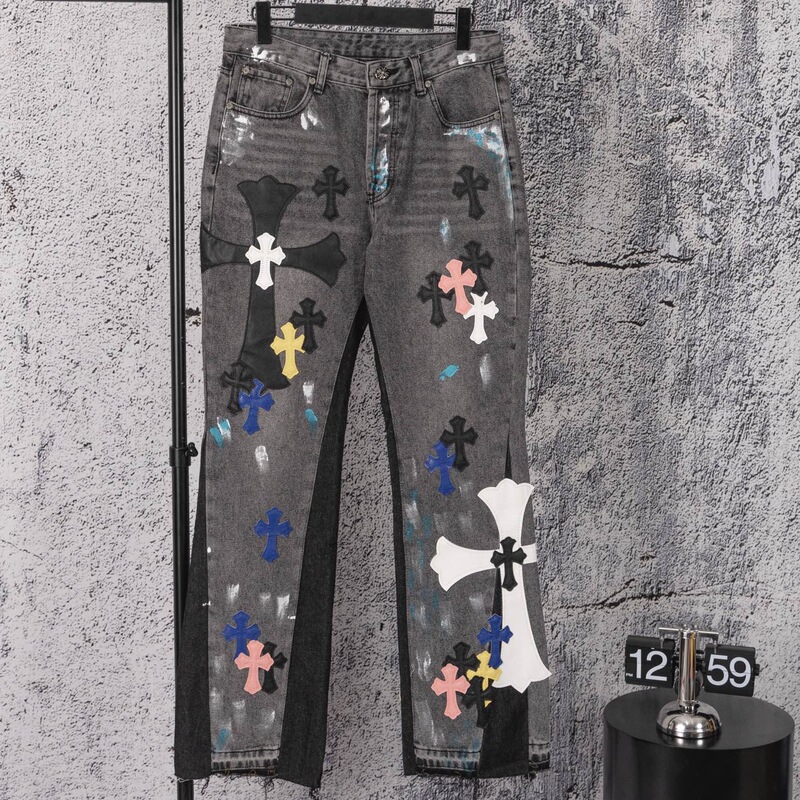 In-Stock Ch Chrome Hearts Colorful Patchwork Cross Leather Patch Vintage Hand-Painted Splatter Denim Jeans Unisex Style In-Stock Ch Chrome Hearts Colorful Patchwork Cross Leather Patch Vintage Hand-Painted Splatter Denim Jeans Unisex Style