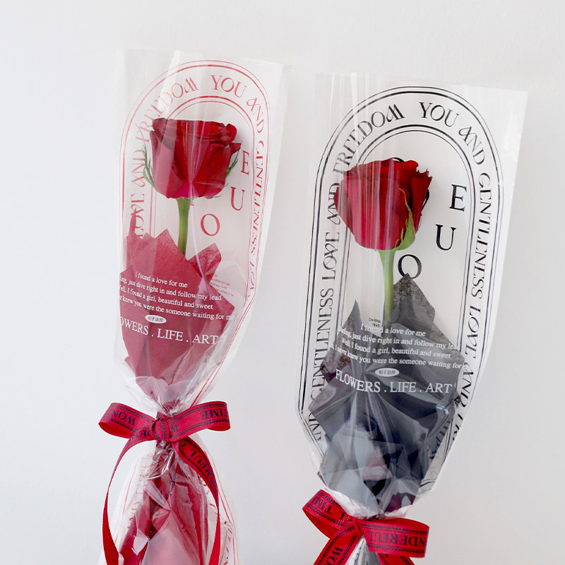情人节鲜花包装纸单支玫瑰花礼物花束包直筒袋透明英文鲜花包装袋