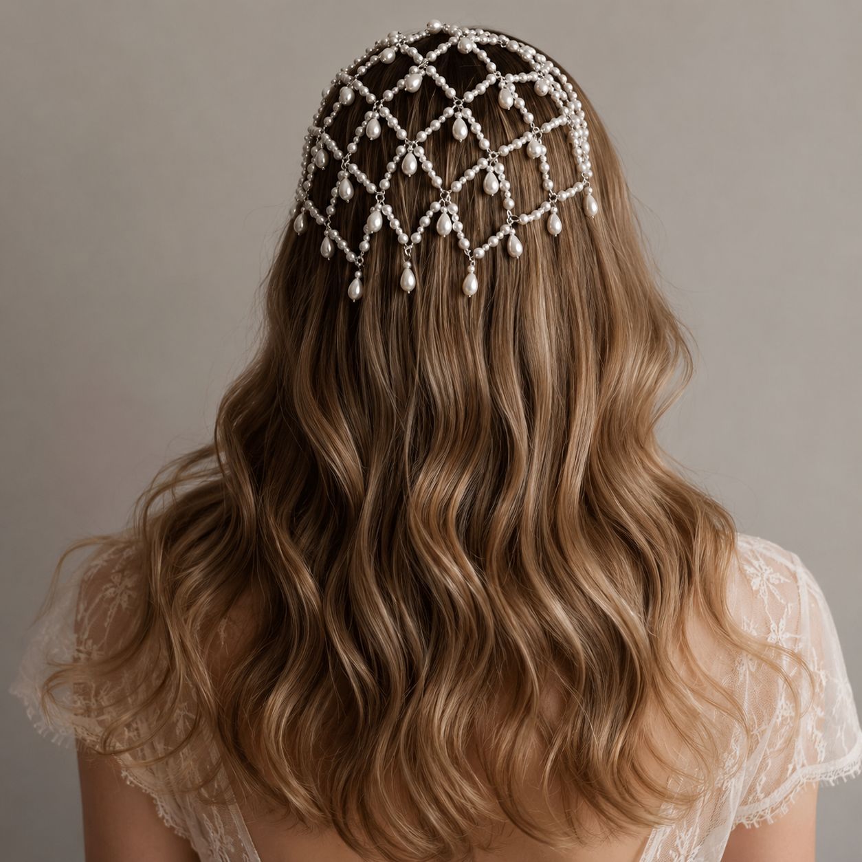 European and American style vintage pearl mesh head chain with water drop pendant beads, woven hair accessory, bridal wedding headpiece accessory