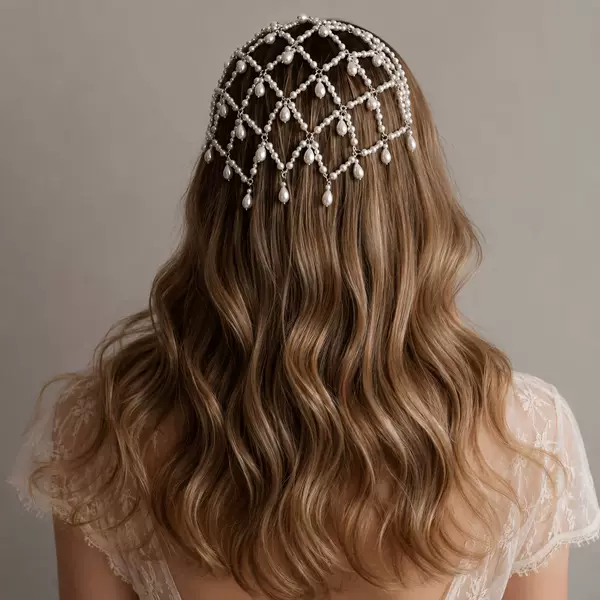 European and American style vintage pearl mesh head chain with water drop pendant beads, woven hair accessory, bridal wedding headpiece accessory