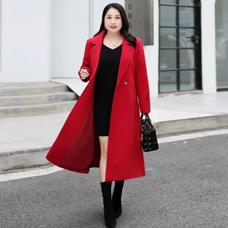 大码女装新款女式呢子大衣收腰显瘦西装领中长款过膝毛呢外套8226