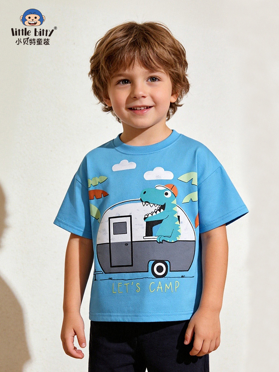 Cross-Border European and American Supply 26Th Spring/Summer Children's Short-Sleeve T-Shirt with Cartoon Animal Print and Round Neck for Boys