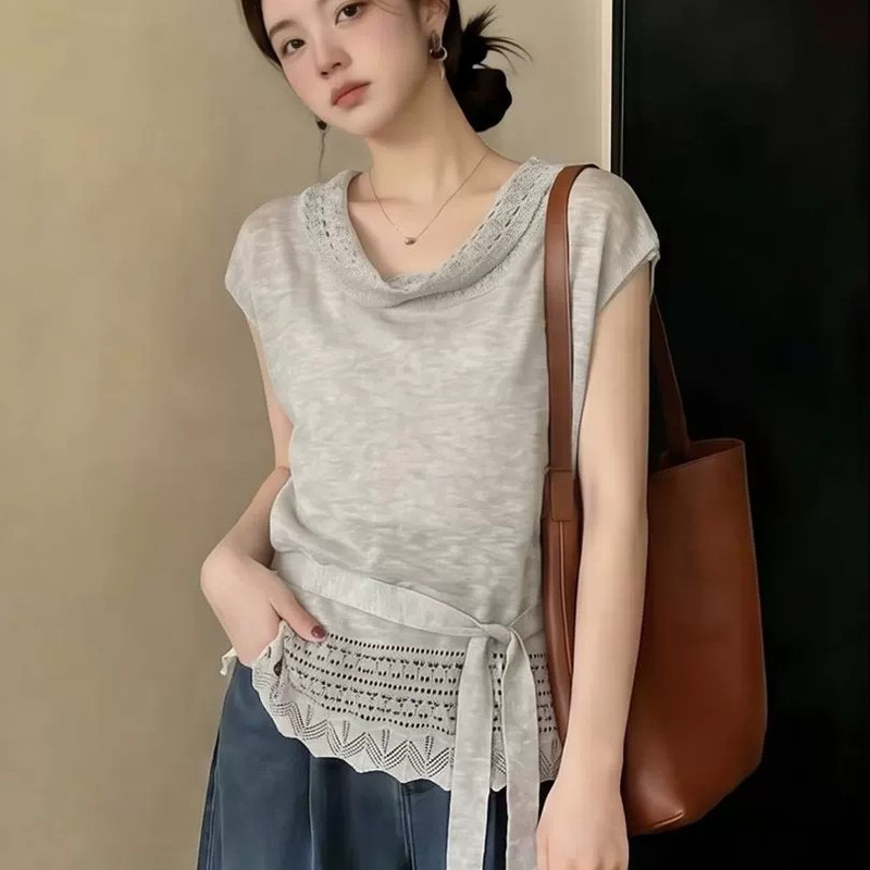French-Style Gentle Flutter Collar Sleeveless Knit Top for Women, Summer High-End Hollow-Out Tie-Waist Versatile Flutter Sleeve Blouse