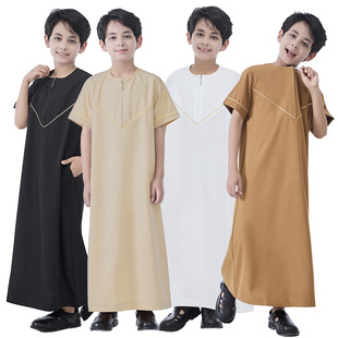 Factory Cross-Border Hot Sale Spot Middle Eastern Teenage Boys Solid Color Short Robe Southeast Asian Arab Hui Ethnic Clothing