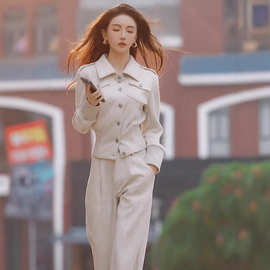 今年流行休闲时尚套装秋季2025年纽扣开衫翻领长袖上衣两件套女装