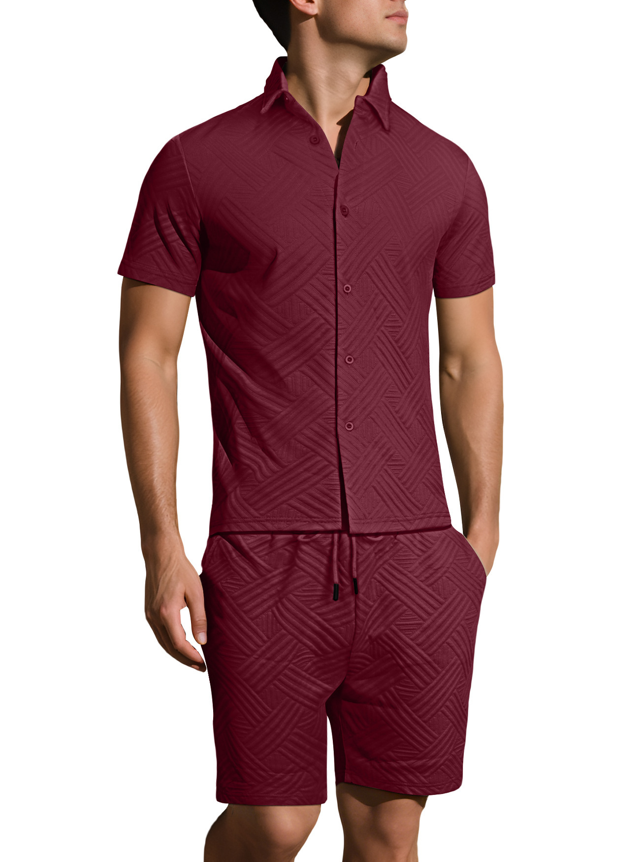 Oferta de verano transfronteriza de Amazon: Nuevo conjunto de dos piezas para hombre, camisa jacquard de color sólido y pantalones cortos casuales de manga corta.