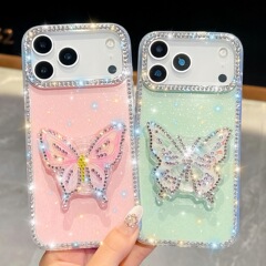 轻奢闪粉边钻适用iPhone17promax手机壳苹果16闪钻蝴蝶支架15立体