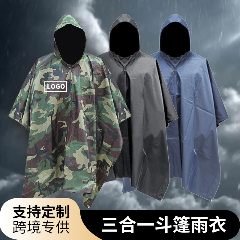 Adult Pocket One-piece Raincoat Three-in-one Cross-border Men's Outdoor Camping Hiking Taff Camouflage Square Poncho