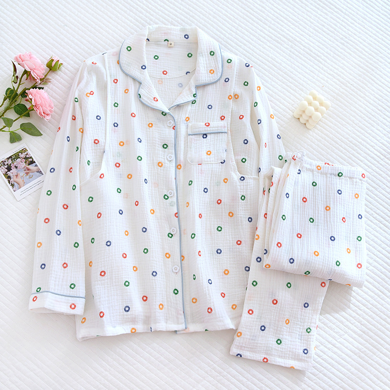 Summer, Autumn and Winter New Double-layer Cotton Fabric Homecoming Set Breathable Plus Size Nursing Full Cotton Pajamas Crepe Long Sleeve Long Pants