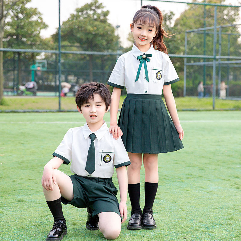 Kindergarten British style girls boys stage performance school uniforms  dark green children's class uniform  Summer short-sleeved graduation photo suit for kids