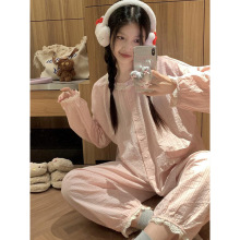 日系甜美少女棉纱睡衣女春夏季新款蕾丝荷叶边长袖长裤家居服套装