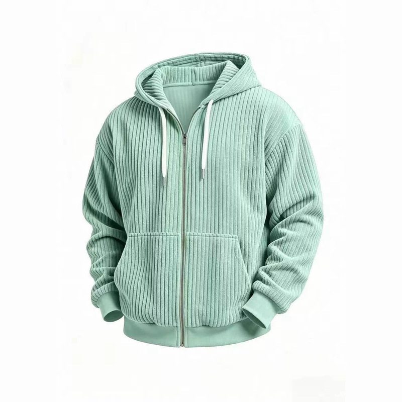 Cross-border European and American autumn/winter new collection: corduroy long-sleeve hooded solid-color zip-up jacket, men's casual loose-fit sweatshirt