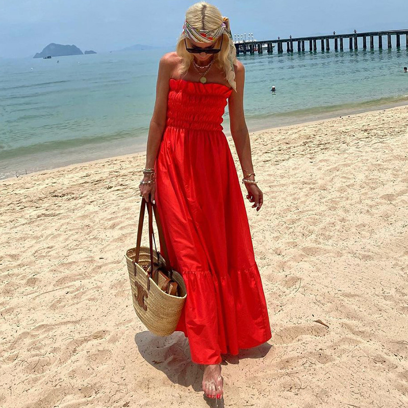 Women's A-line Skirt Tropical Strapless Backless Sleeveless Solid Color Maxi Long Dress Travel Beach display picture 4