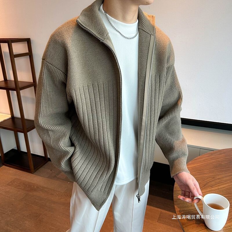 Retro Zipper Light Mature Style Fashionable Stand-Up Collar Knitted Cardigan Sweater Men's Autumn and Winter Versatile Long-Sleeved Jacket 1/2 Pieces