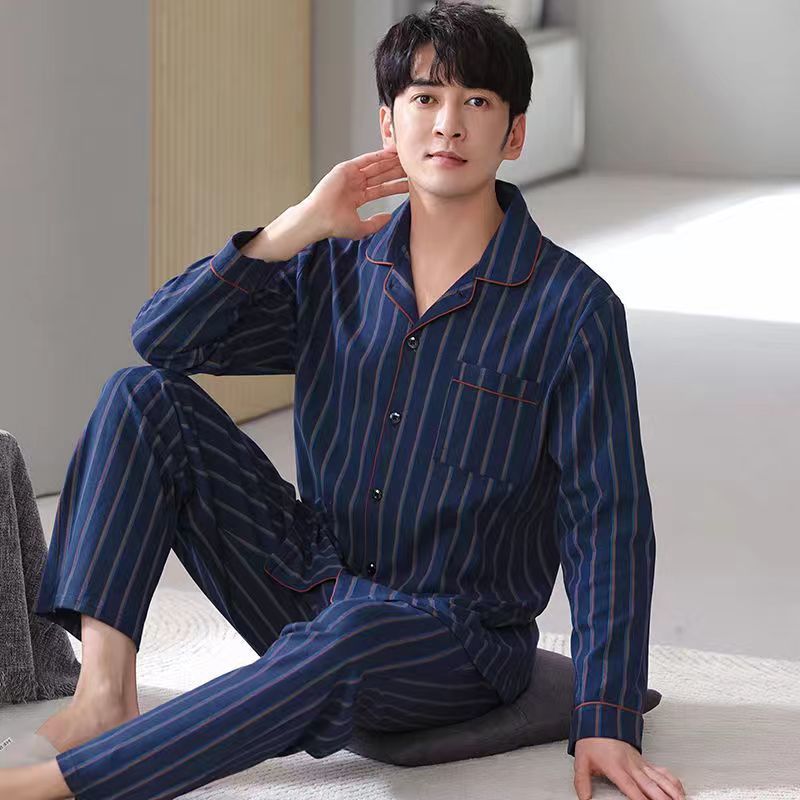 Algodón pesado para aumentar pijamas de manga larga para hombres cómodos jóvenes de mediana edad primavera otoño invierno ropa para el hogar