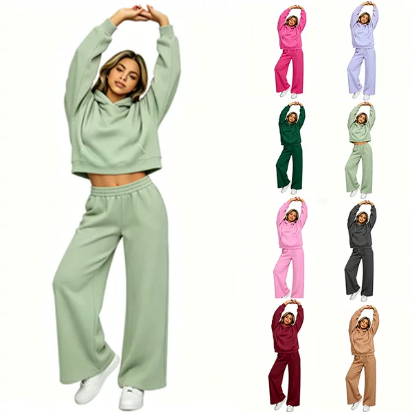 Shopee Wish Women's Clothing Set: Drop-Shoulder Sleeves + Wide-Leg Pants in the Same Color, 2-Piece Set, Plain with Fleece Lining, Loose Fit, Factory Direct Sale