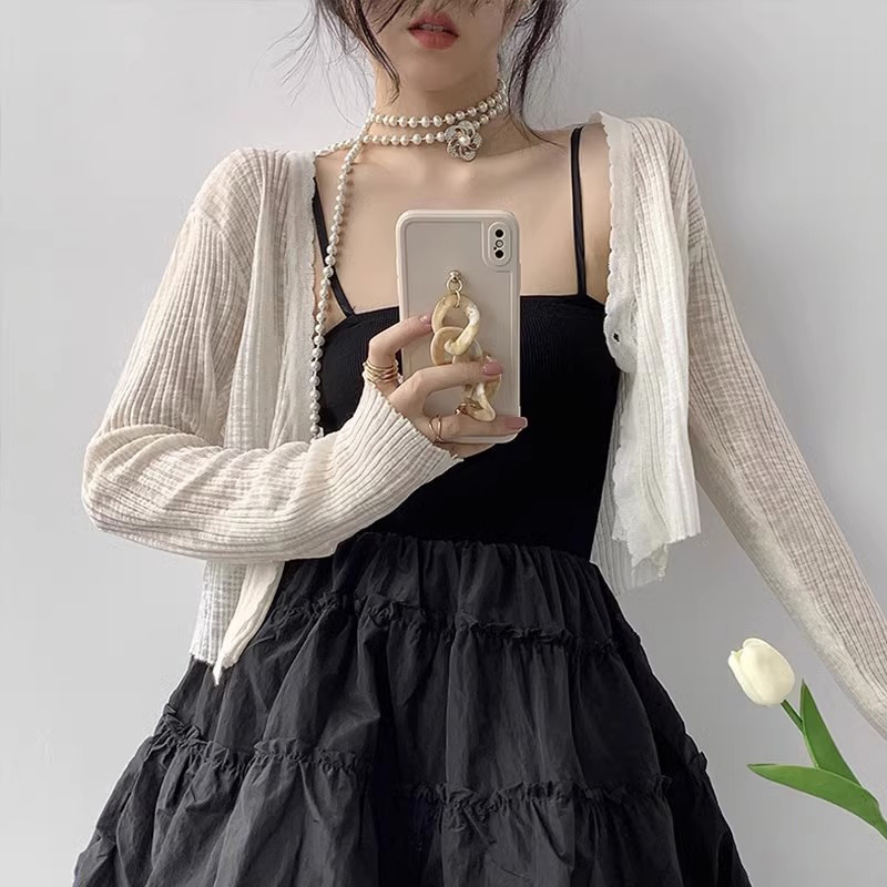 Linen Ice Silk Knitted Sunscreen Cardigan Top Women's Short French Style Small Waistle Blouse with Sling Skirt Shawl Summer