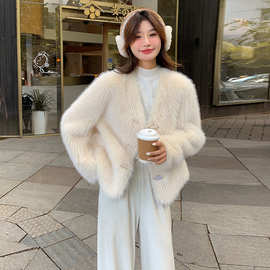 仿水貂毛皮毛一体小香风外套女2024冬加厚小个子短款毛绒皮草大衣