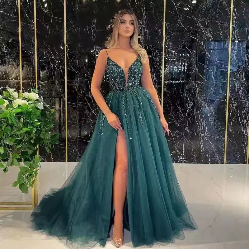 Europeo y americano vestido transfronterizo al por mayor 2024 nueva primavera sexy largo banquete en V profundo vestido de malla de lentejuelas