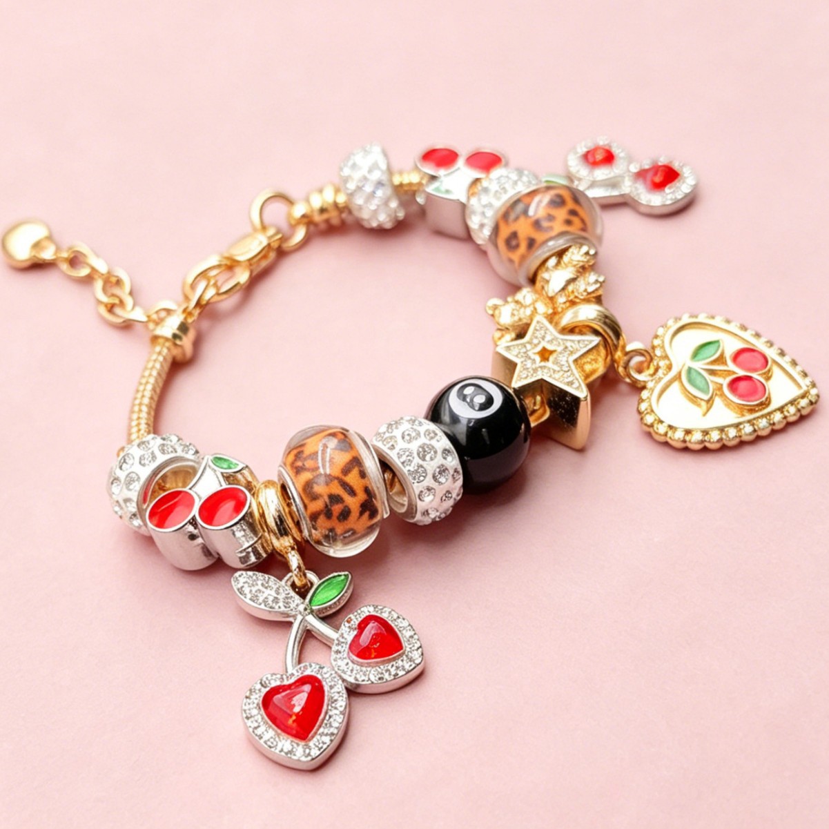 Pan pulsera sexy estampado leopardo negro ocho cuentas pulsera de diamante amor pentagramas osos colgante joyas de moda image 5