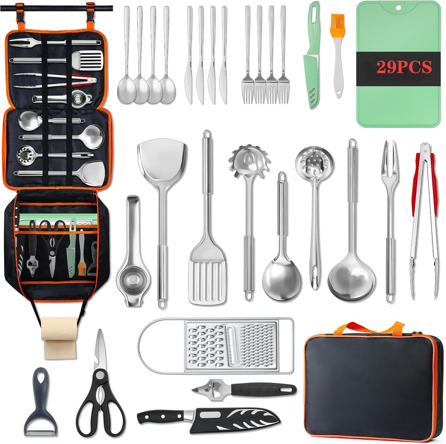 Outdoor camping gear set, camping cooking tools, kitchen supplies, storage bag, spatula, spoon, fork, for outdoor cooking and picnics