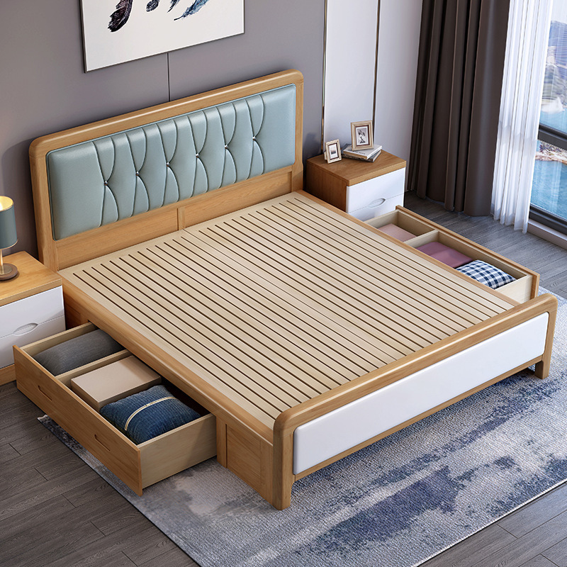 櫸木框架實木床現代簡約主臥雙人床1.8米1.5米北歐臥室儲物軟靠包